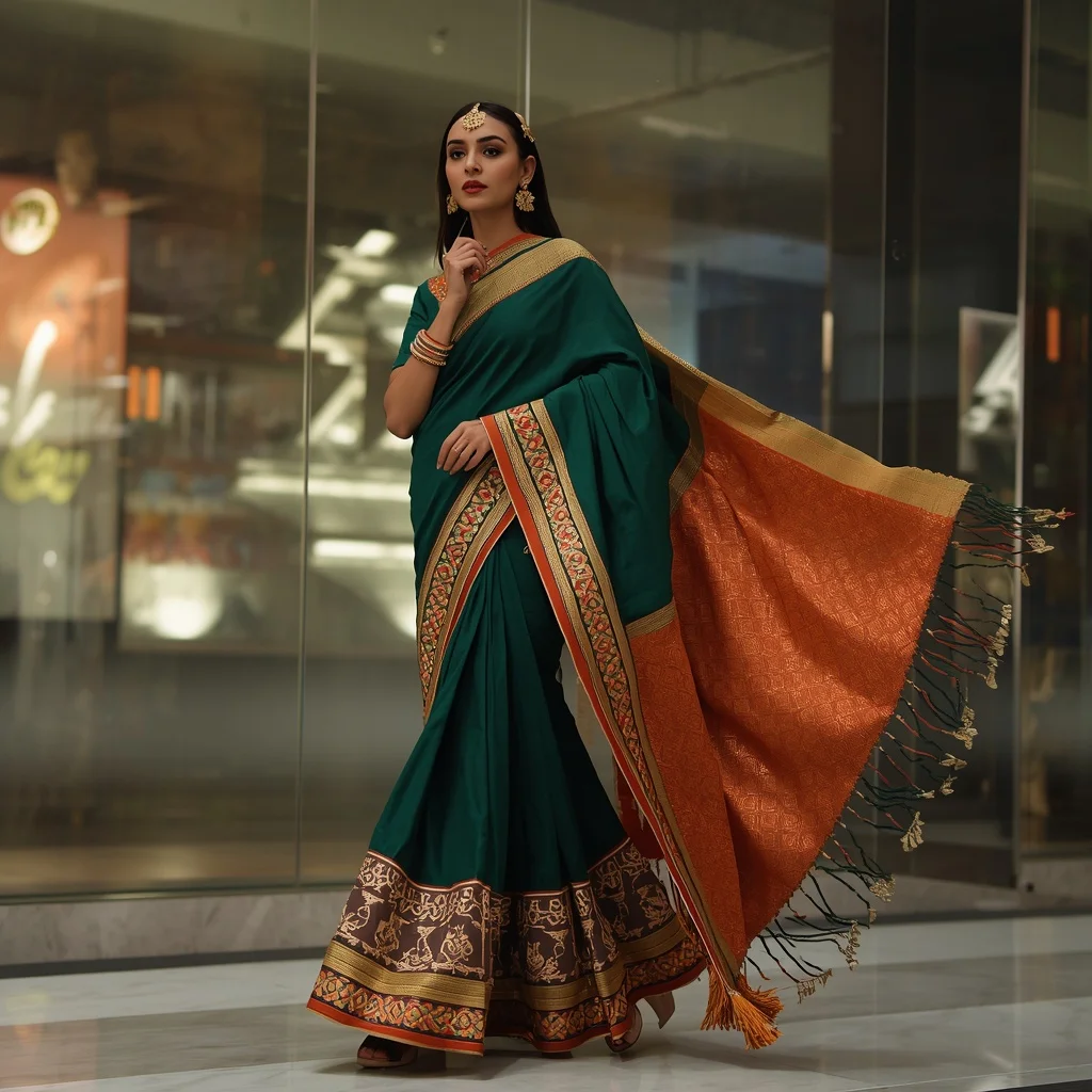 Advanced Festive Saree with Fringed Border in Deep Green | Prompt For Gemini Saree