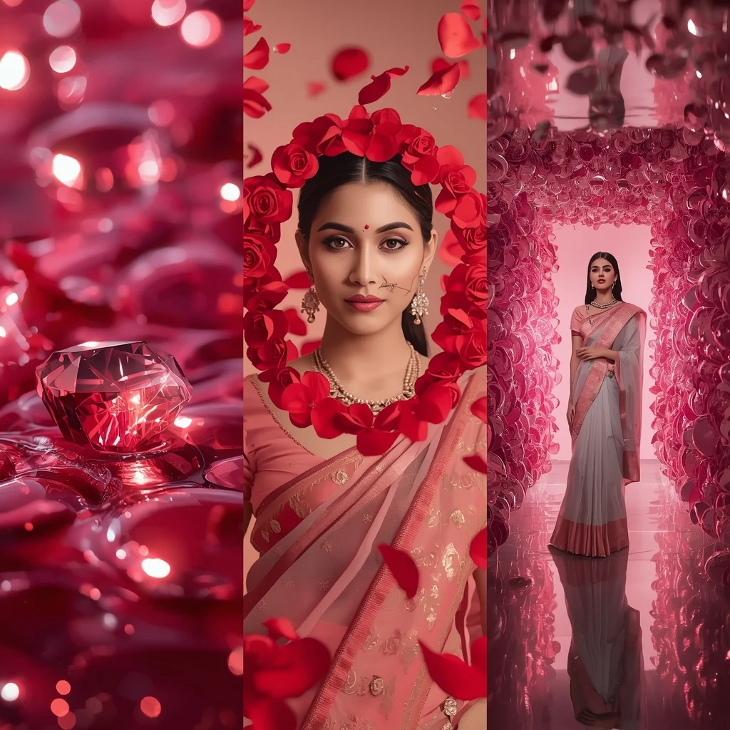 Anti Gravity Liquid Ruby Rose Petal Saree Luxury Collage | Gemini Ai Saree Photo