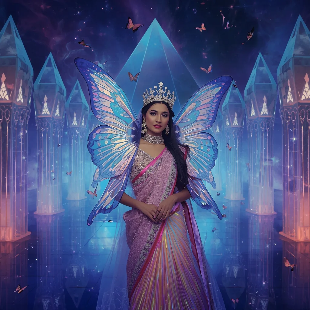 Aurora Butterfly Crown Saree with Celestial Prism Castle Background | Free Ai Prompt