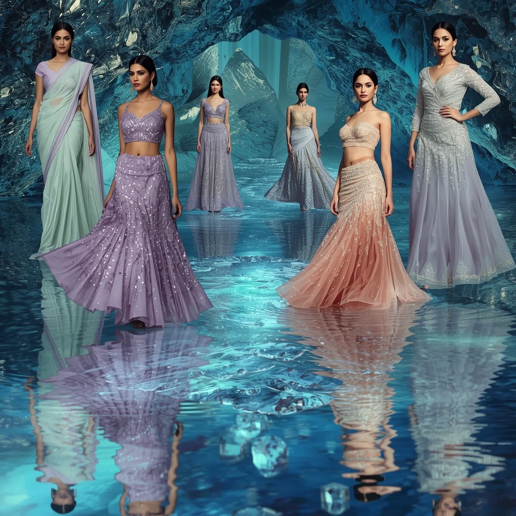 Aurora Crystal River Indian Dress Collage Image Prompt Festive Premium Luxury | Bridal Saree Ai Prompt