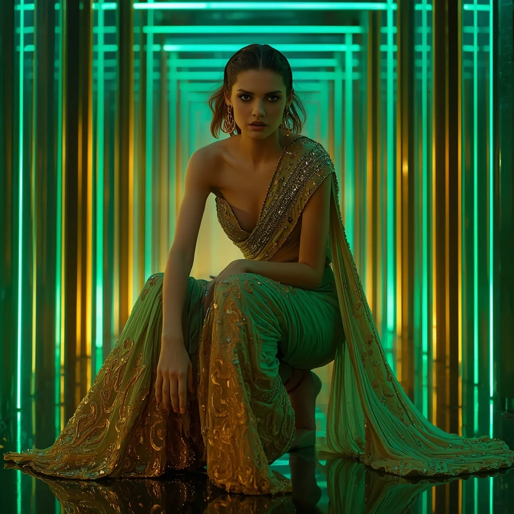 Aurora Emerald Flame Saree with Floating Prism Corridor | Indian Girl Ai Prompt