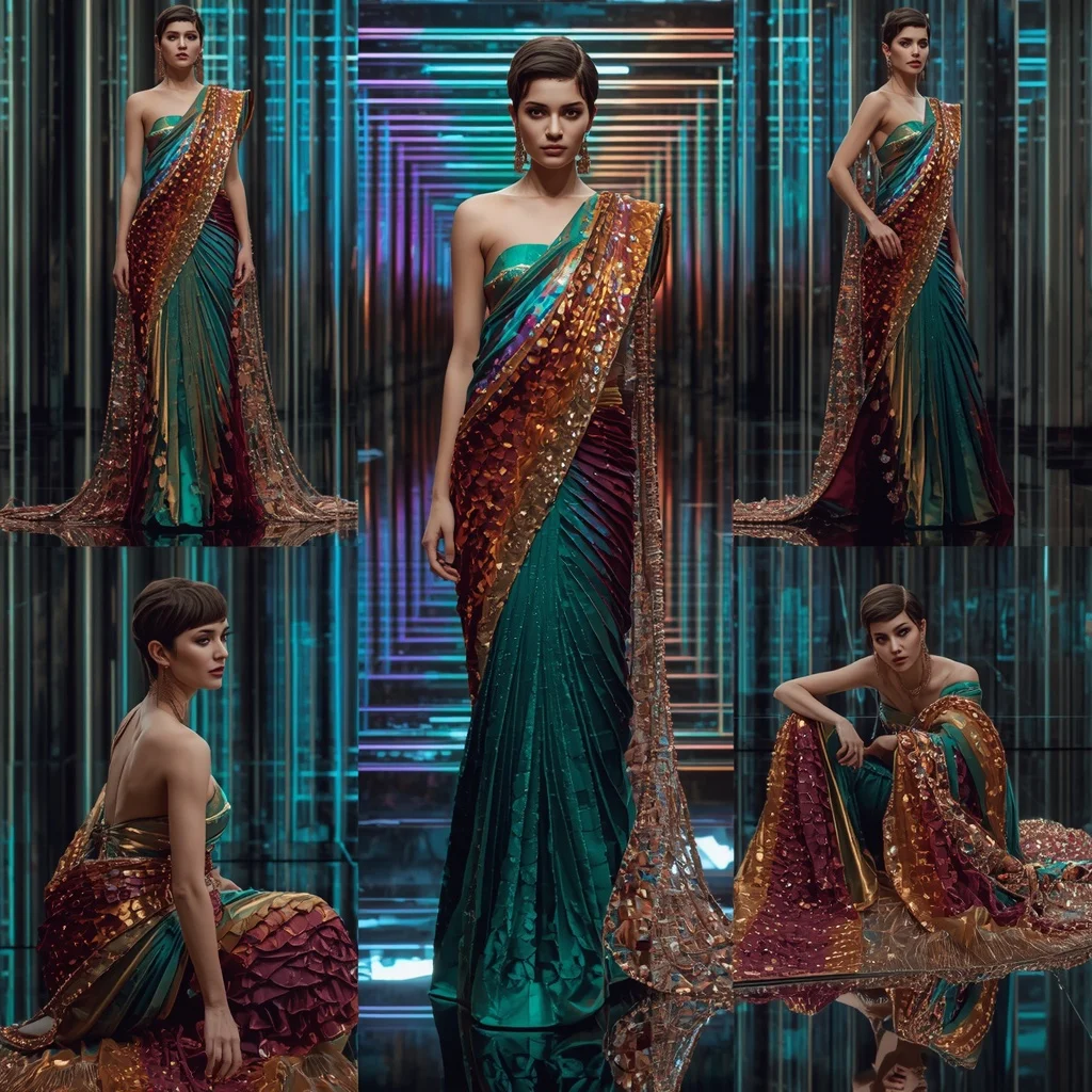 Aurora Flame Festival Saree with Infinity Mirror Crystal Temple | Pre Wedding Ai Prompt