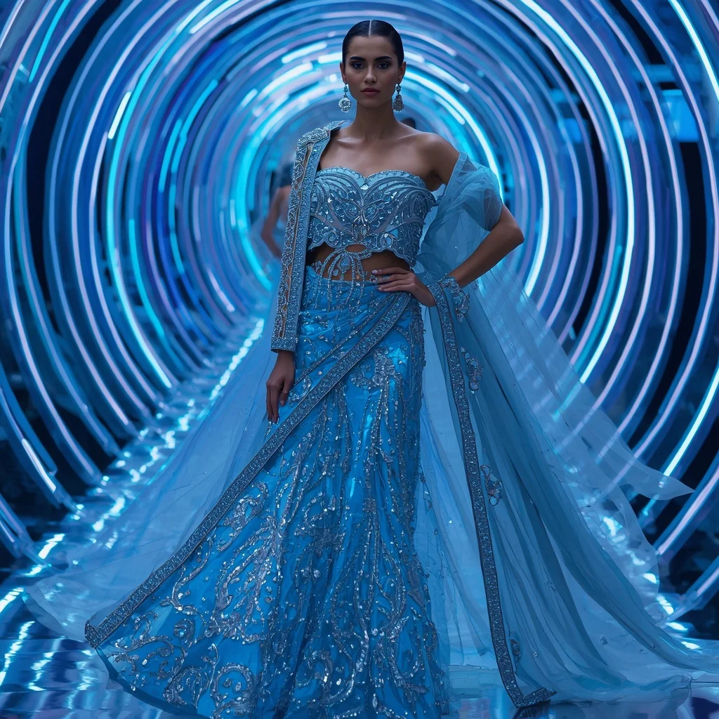 Aurora Ice Metallic Saree with Holographic Spiral Dome | Instagram Profile Pic Ai Prompt