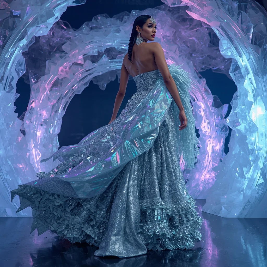Aurora Ice Queen Saree with Floating Crystal Waves | Chatgpt Prompt