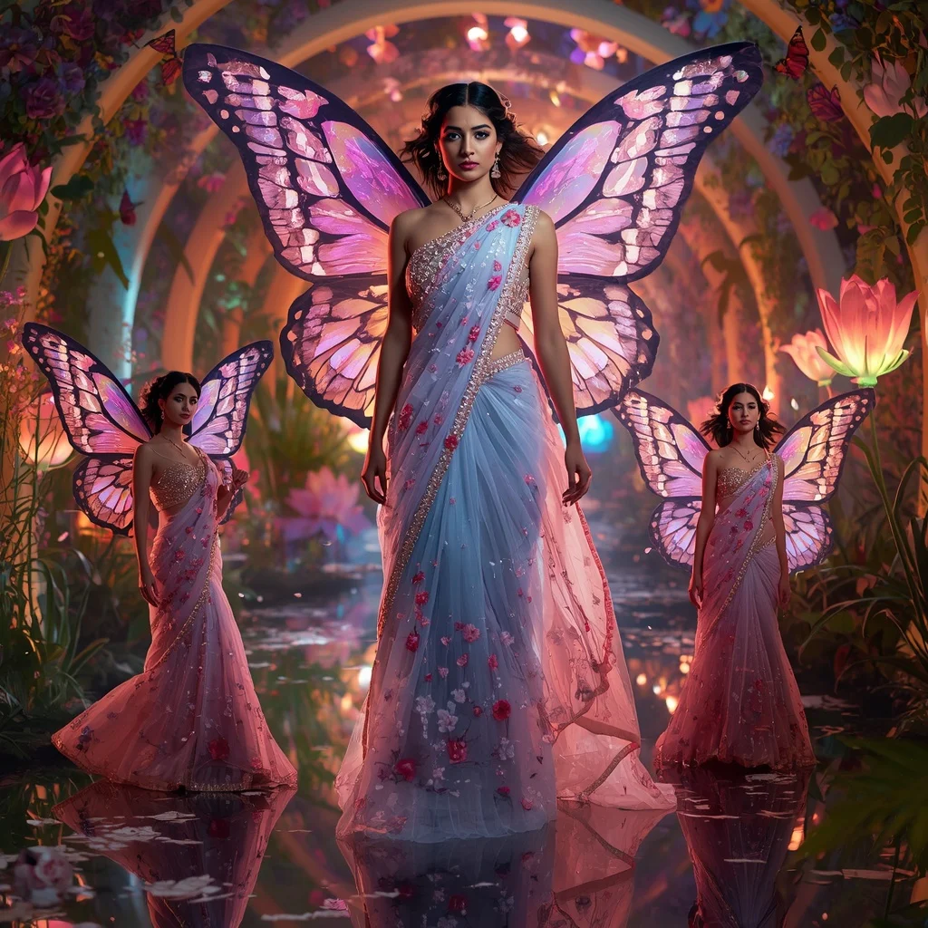 Aurora Lotus Butterfly Saree  Multi-Pose Floral Couture with Fantasy Garden Background | Female Model Ai Prompt