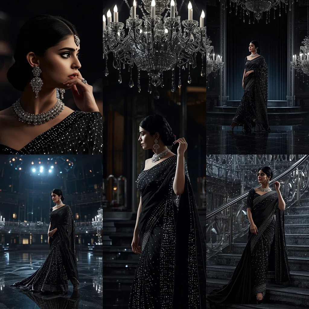 Black Diamond Opera Saree Cinematic Collage Midnight Luxury Sovereign Premium Scene | Traditional Prompt For Gemini Ai Girl Instagram