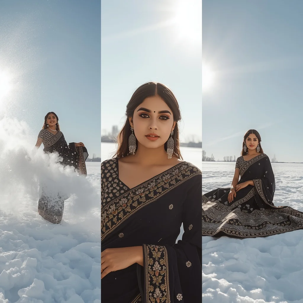 Blinding Diamond Dust Snowfield Triptych Winter | Saree Photoshoot Prompt Ultra Realistic