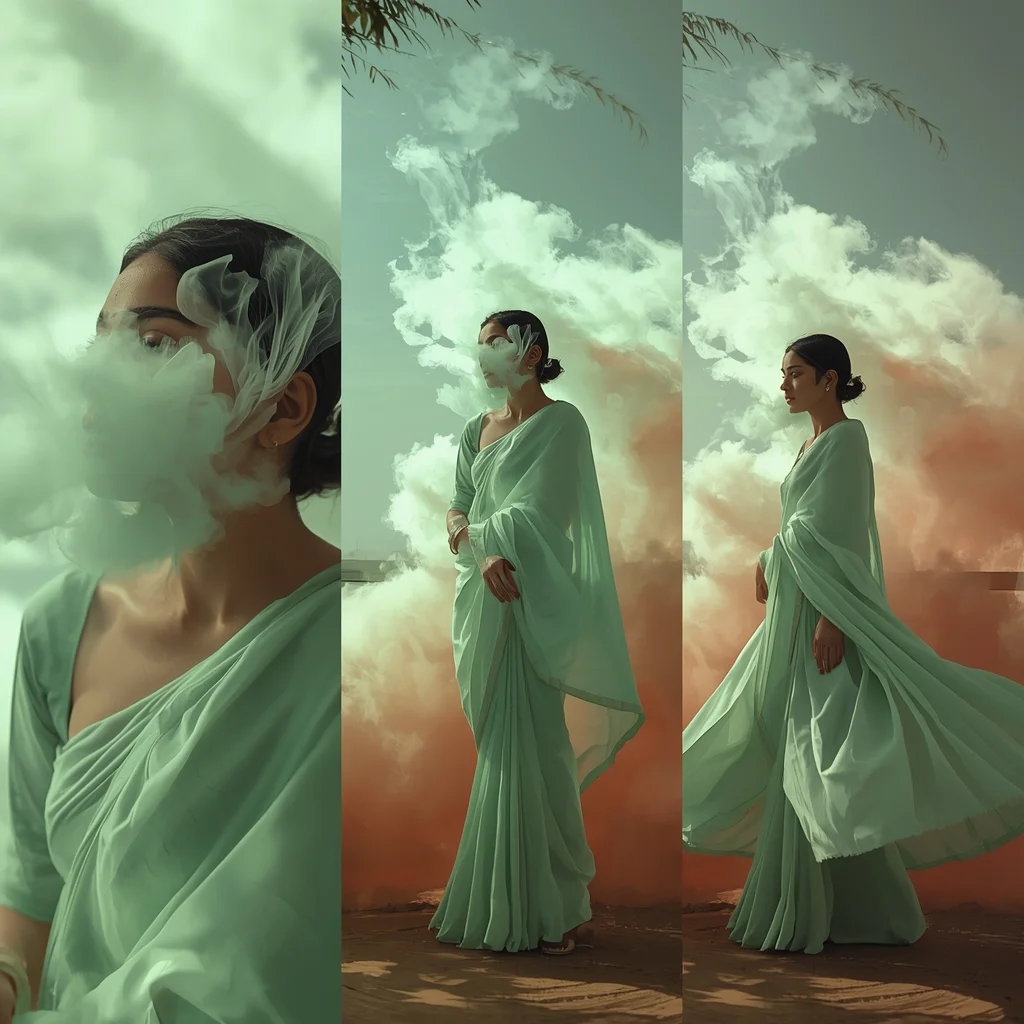 Bright Botanical Multi-Panel Saree visualization Design | Saree Selfie Ai Prompt