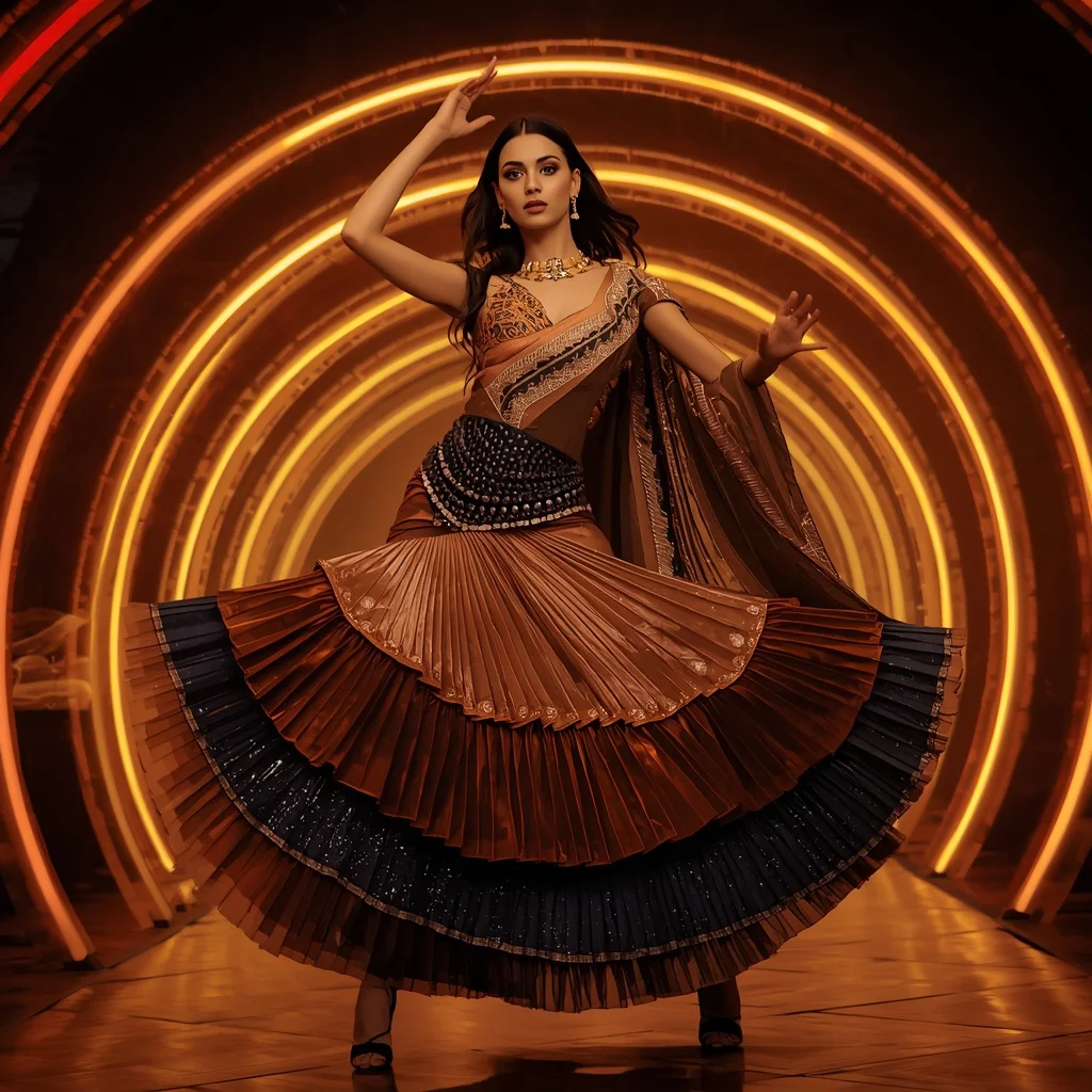 Bronze Eclipse Infinity Saree with Floating Helix Light Arches | Happy Ai Prompt
