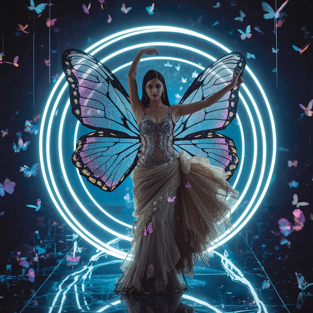 Butterfly Hoop Saree – Circular Wing Couture with Acrobat Fashion Pose | Hd Image Prompt