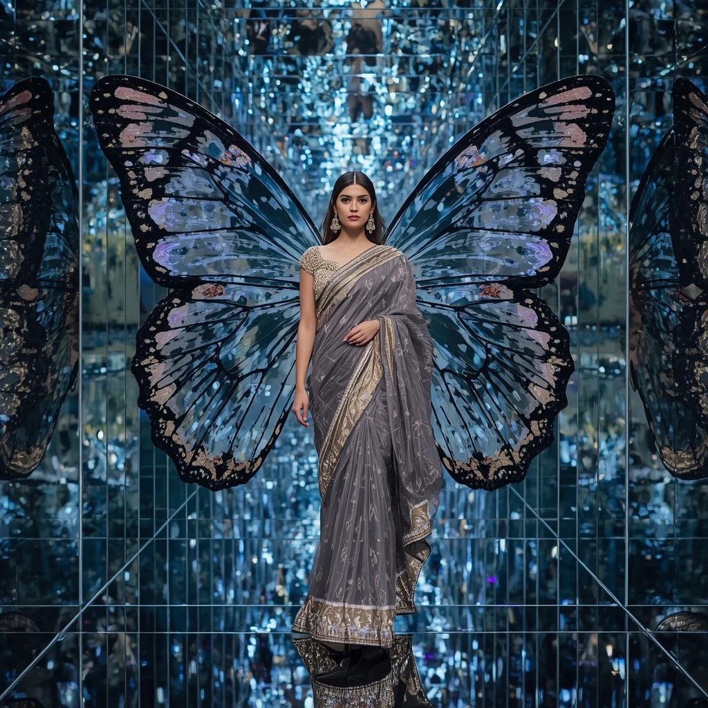 Butterfly Infinity Mirror Saree – Endless Reflection Couture with Walking Pose | Prompt Gemini