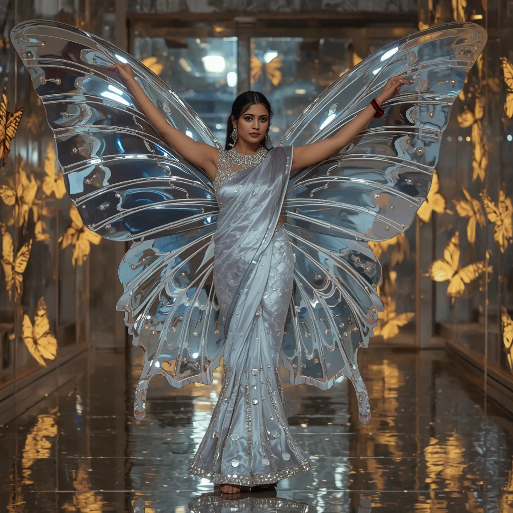 Butterfly Liquid Mirror Saree – Reflective Metallic Couture with Dance Pose | Ai Photo Prompt