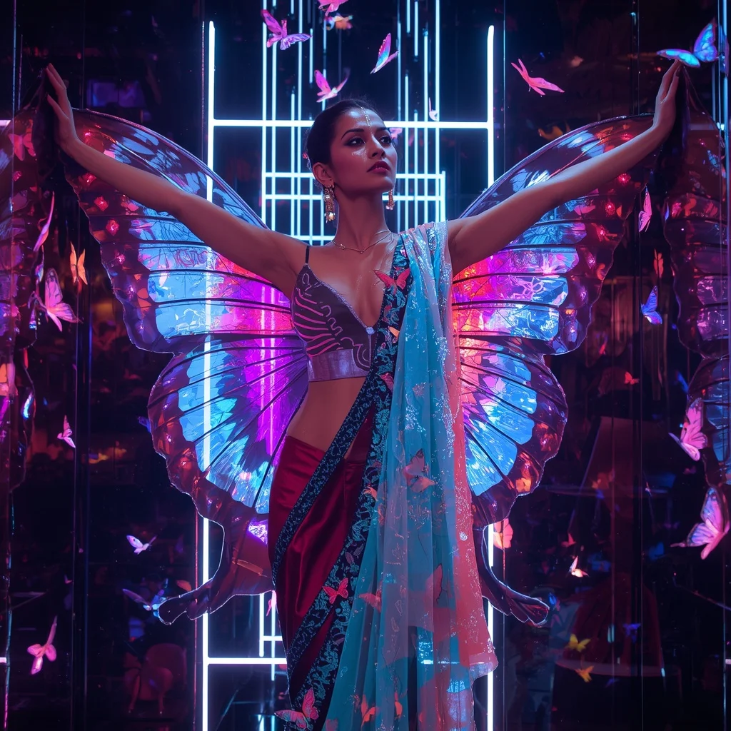 Butterfly Neon Cage Saree – Futuristic Wing Couture with Captive Glam Pose | Gemini Photo Prompt