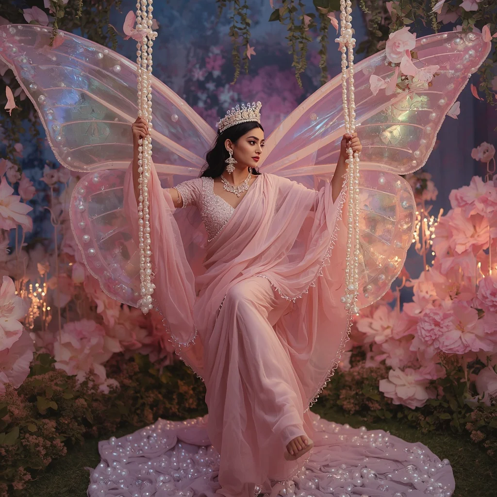 Butterfly Pearl Swing Saree – Royal Luxury Couture with Floating Swing Pose | Gemini Ai Prompt For Instagram