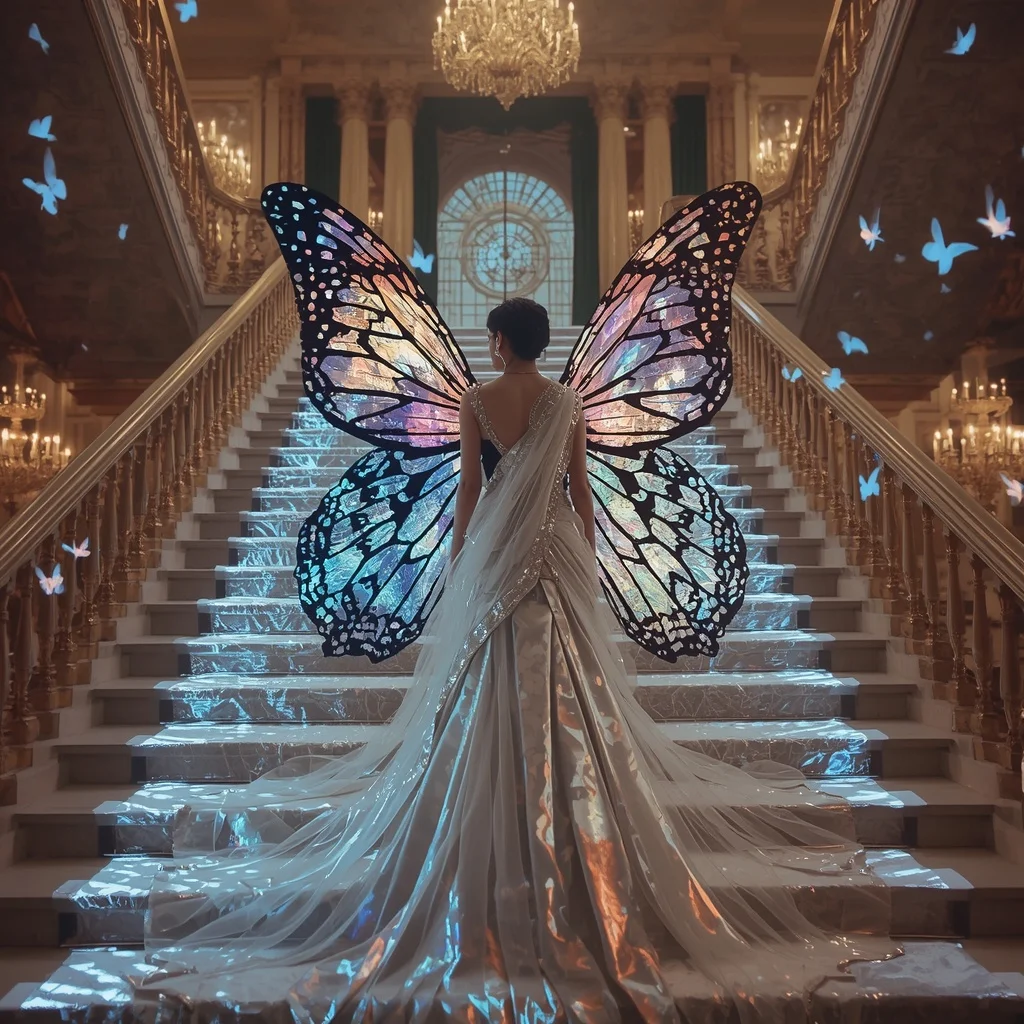 Butterfly Stair Flow Saree – Giant Wing Trail Couture with Palace Staircase Pose | Ai Gemini Photo Prompt