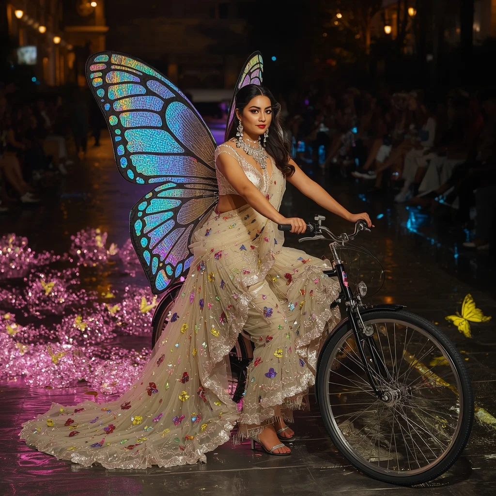 Butterfly Wing Bicycle Saree – Couture Fashion Ride Pose with Giant Crystal Wings | Profile Picture Ai Prompt