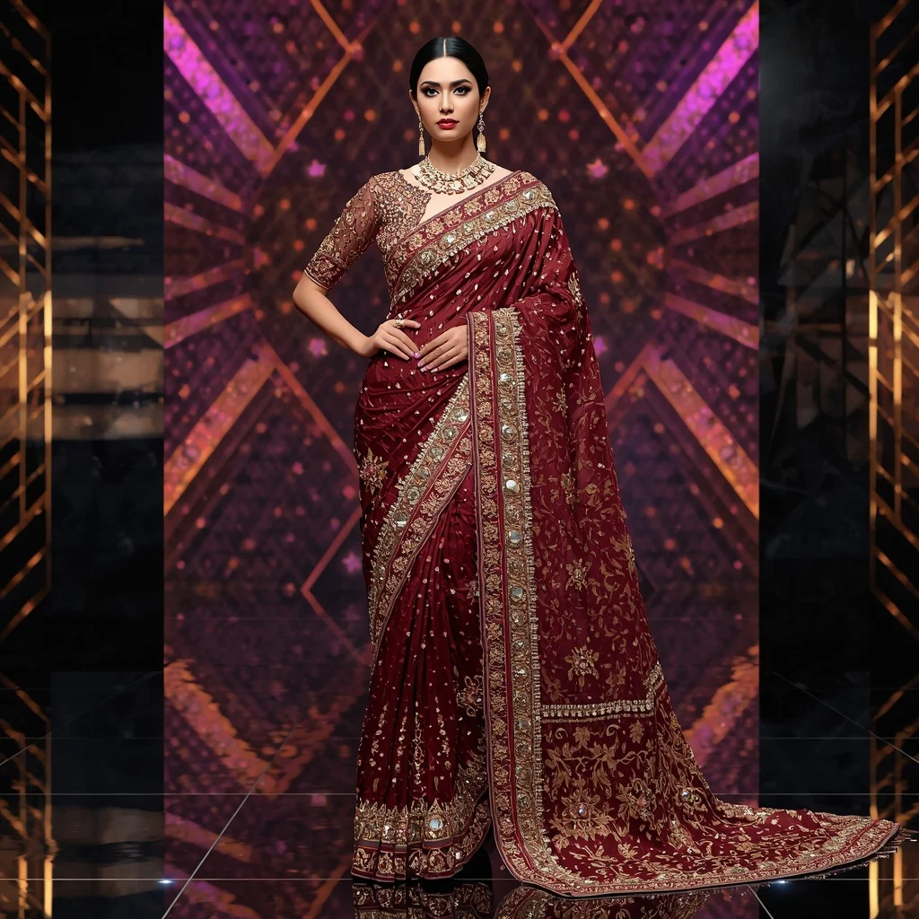 Celebrity Couture Festival Saree with Abstract Geometric Luxury Background | Viral Instagram Ai Prompt
