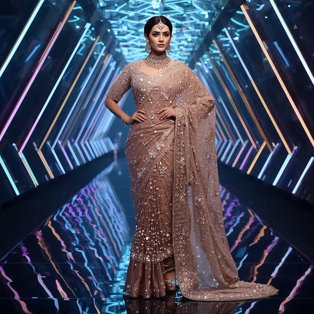 Celebrity Couture Saree with Futuristic Diamond Tunnel Background | Saree Profile Pic Ai Prompt