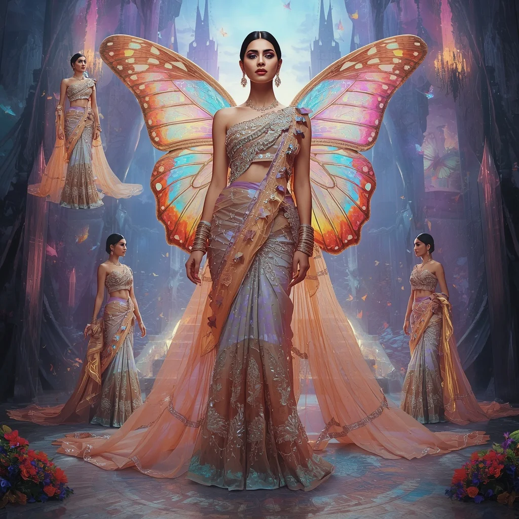 Celestial Aurora Butterfly Saree with Multi Pose Floating Castle Background | Ai Prompt