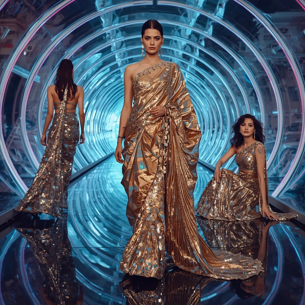 Celestial Chrome Festival Saree with Floating Aurora Tunnel | Viral Instagram Ai Prompt