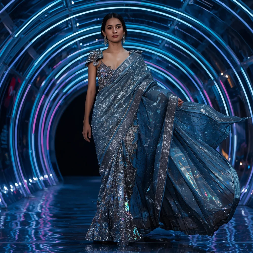Celestial Chrome Festival Saree with Holographic Wave Dome | Instagram Highlight Cover Ai Prompt