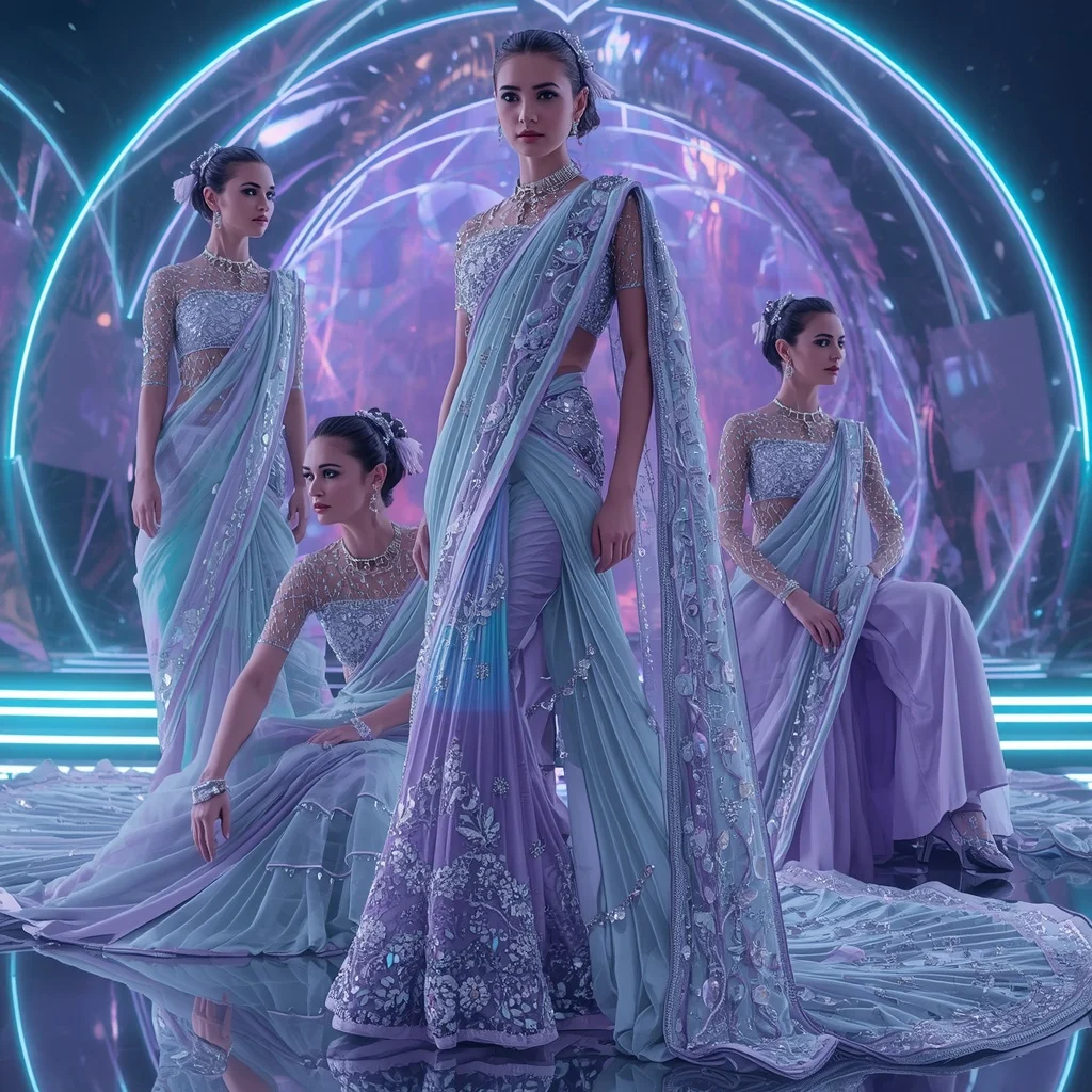 Celestial Ice Queen Saree with Neon Aurora Dome | 3d Animation Ai Prompt