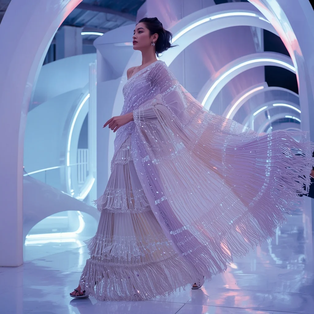 Celestial Prism Fantasy Saree with Floating Neon Arches | Ai Art Prompt