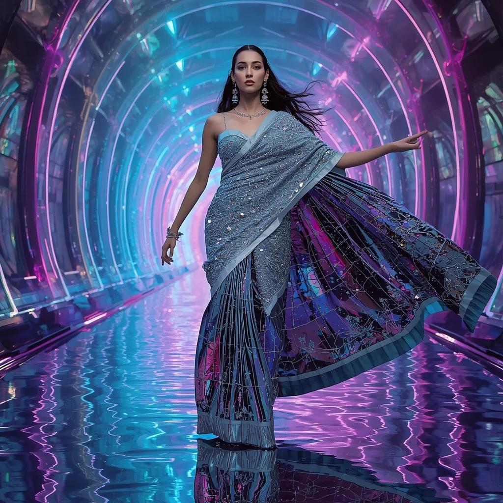 Celestial Prism Maharani Saree with Floating Neon Infinity Empire | Saree Ai Prompt