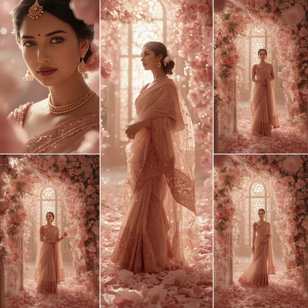 Celestial Rose Cathedral Saree Cinematic Collage Divine Bloom Majesty Premium Scene | Prompt For Traditional Look For Girl Instagram