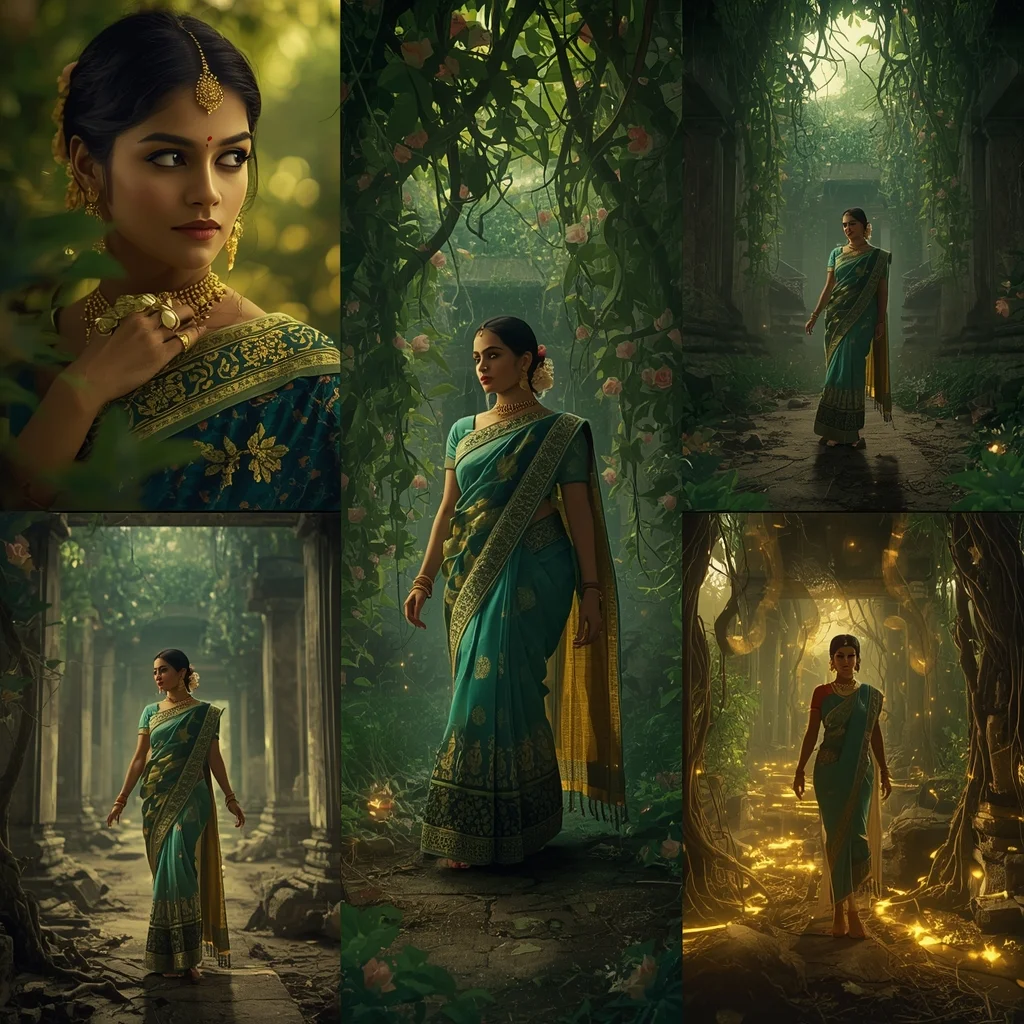 Celestial Vine Temple Saree Cinematic Collage Sacred Nature Empire Premium Scene | Gemini Saree Prompt For Women