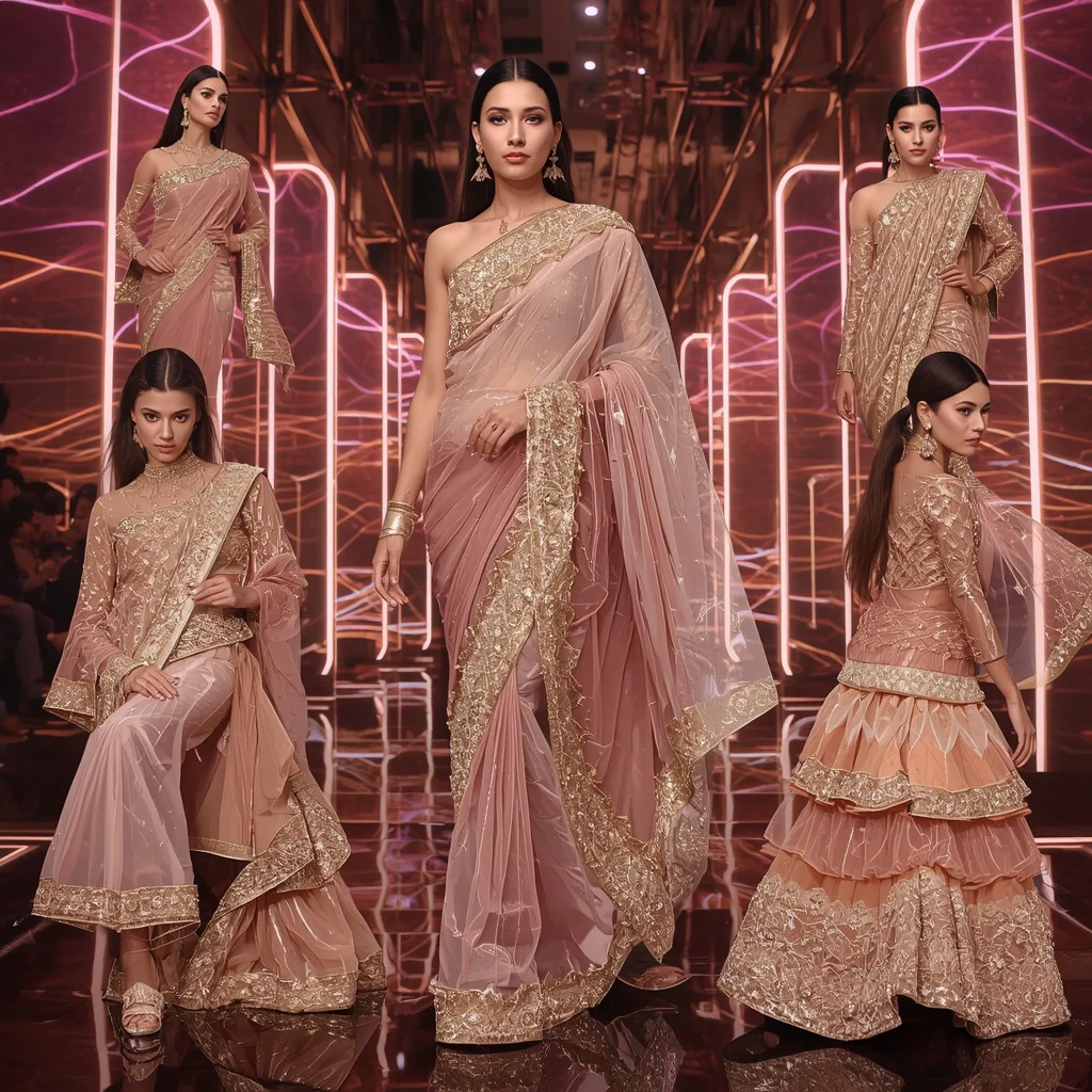 Champagne Aurora Metallic Saree with Floating Infinity Waves | Indian Girl Ai Prompt