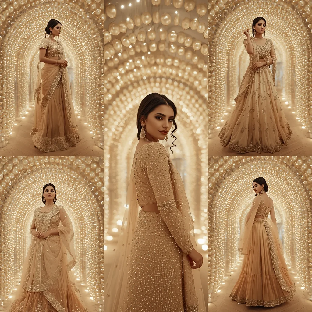 Champagne Pearl Vault Indian Dress Collage Image Prompt Festive Couture Luxury | Gemini Photo Editing Prompt