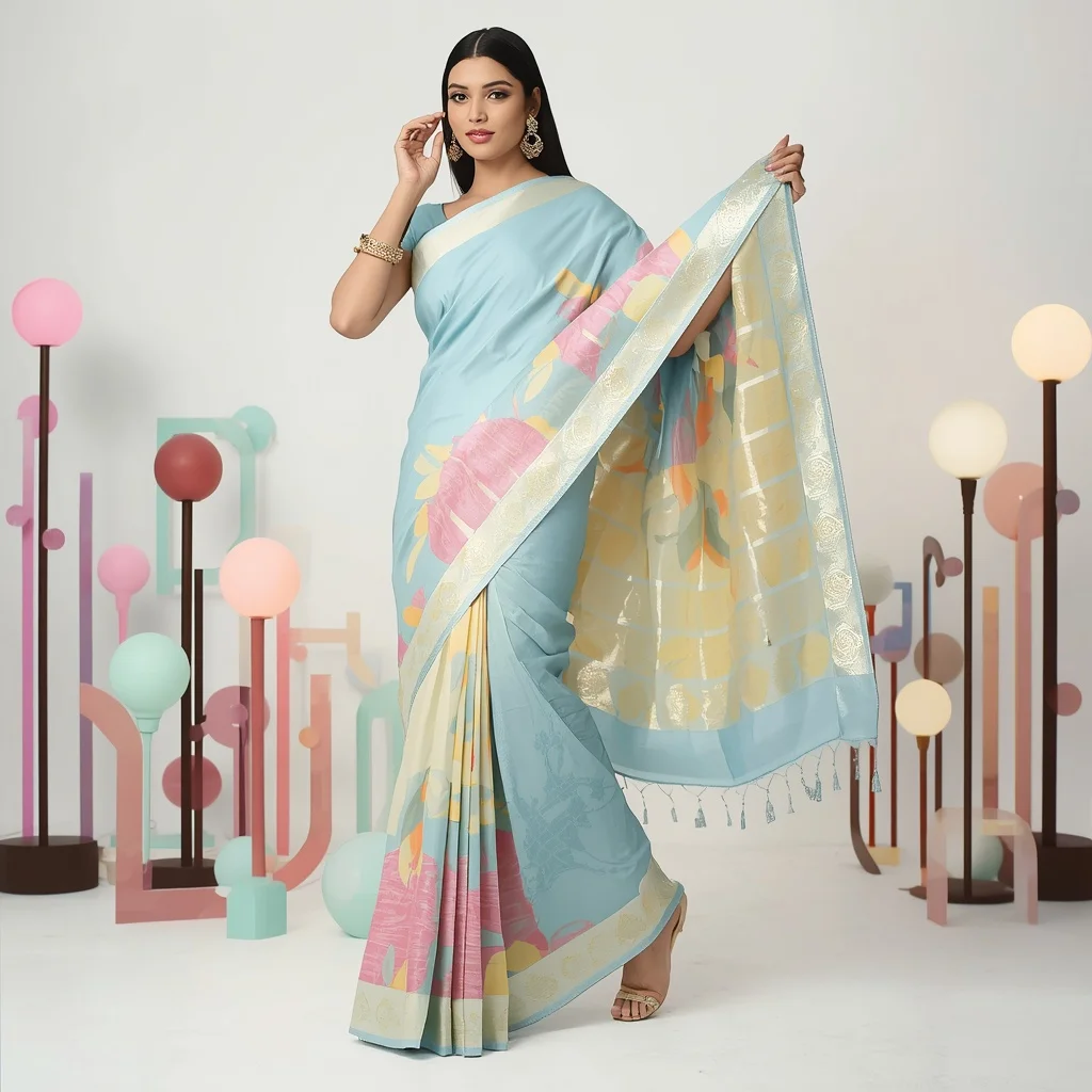 Contemporary Festive Saree in Sky Blue Silk with Abstract Print | Gemini Saree Prompt For Girl