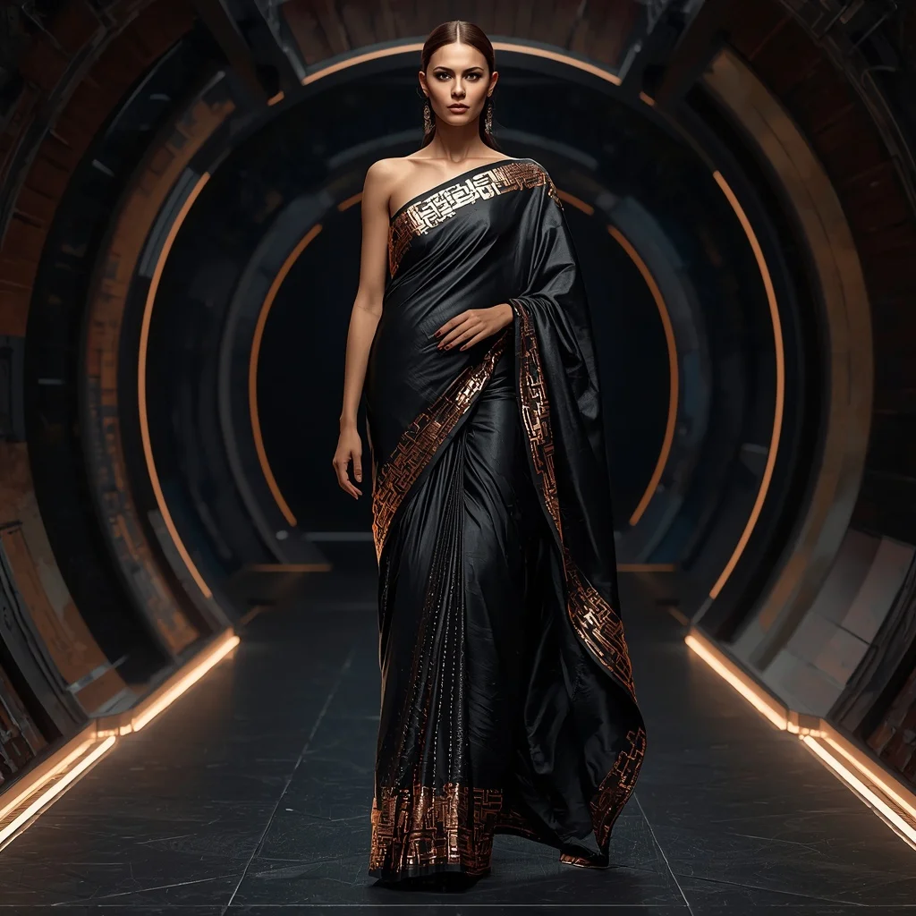 Copper Circuitry & Matte Leather Saree with Industrial Tech Corridor | Saree Photoshoot Prompt Ultra Realistic