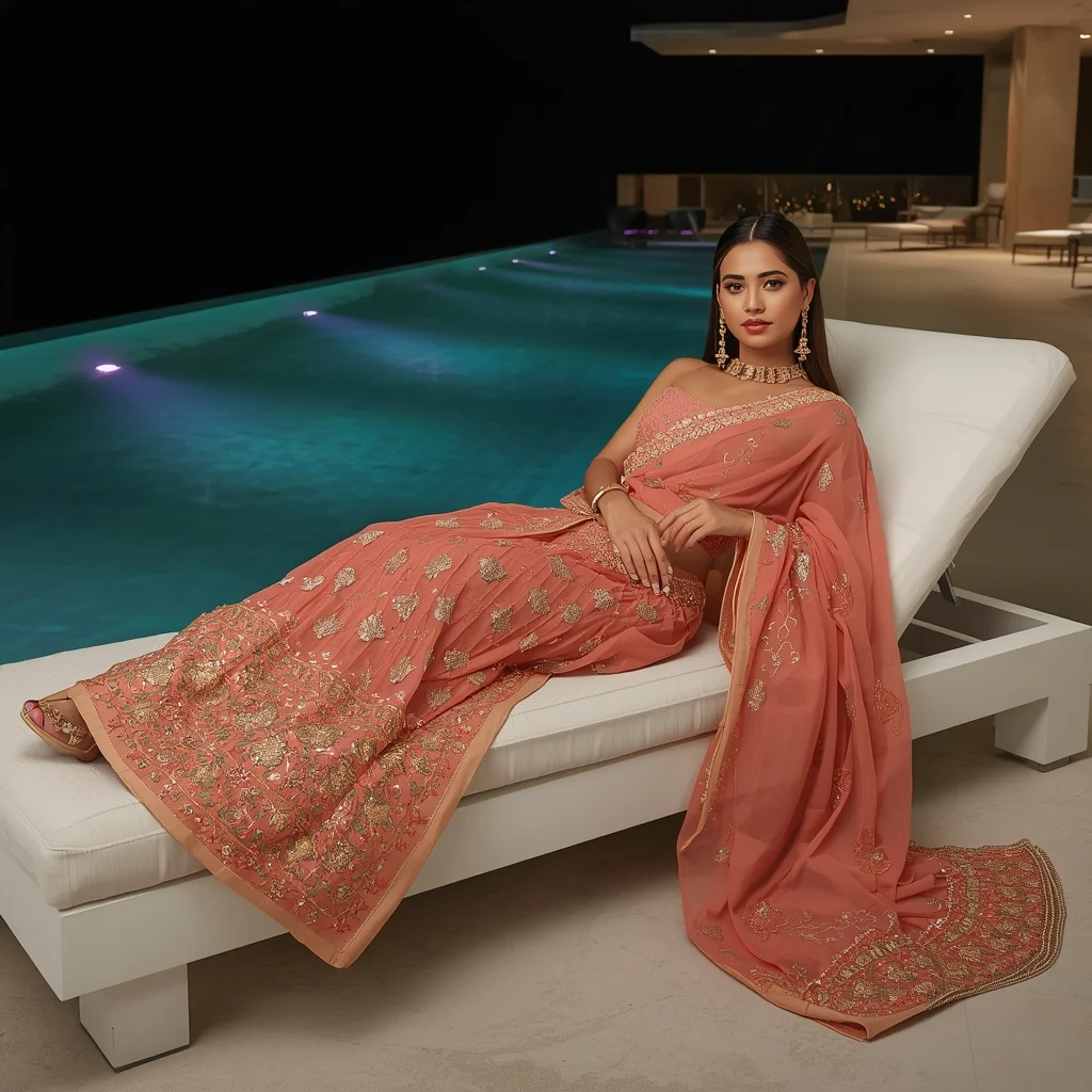 Coral Peach Cascade: Sequined Georgette Festive Saree by Infinity Pool | Whatsapp Dp Ai Prompt