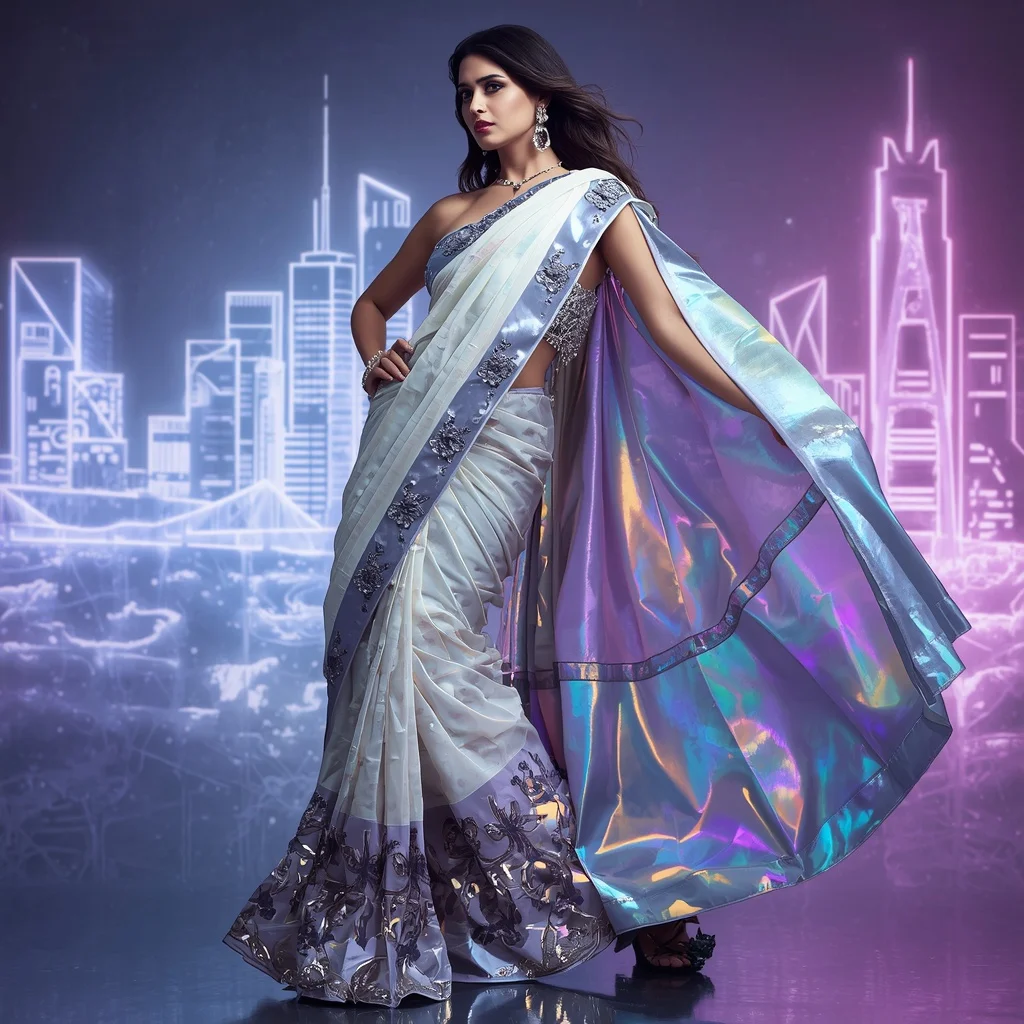 Cosmic Pearl Eclipse Saree with Dynamic Neon Prism Skyline | Travel Ai Prompt