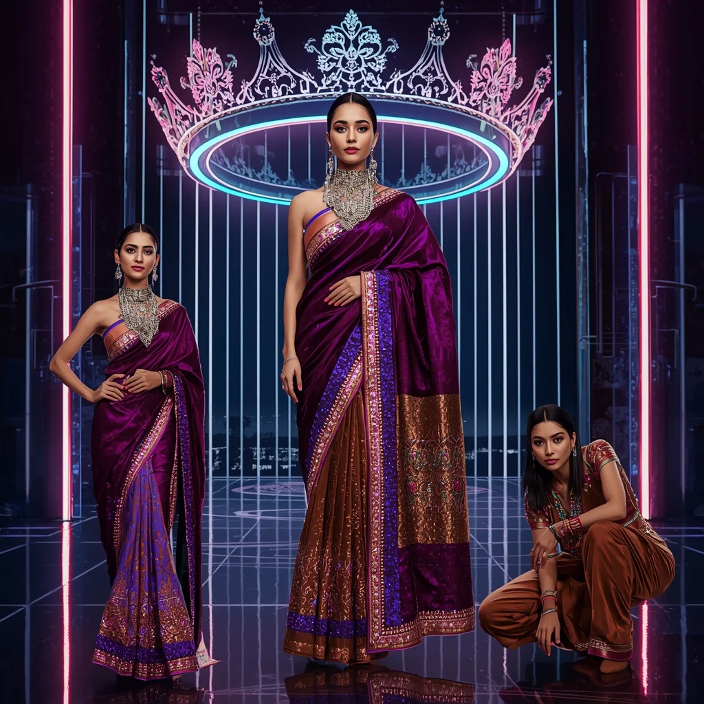 Cosmic Velvet Festival Saree with Floating Neon Crown | Saree Prompt For Women
