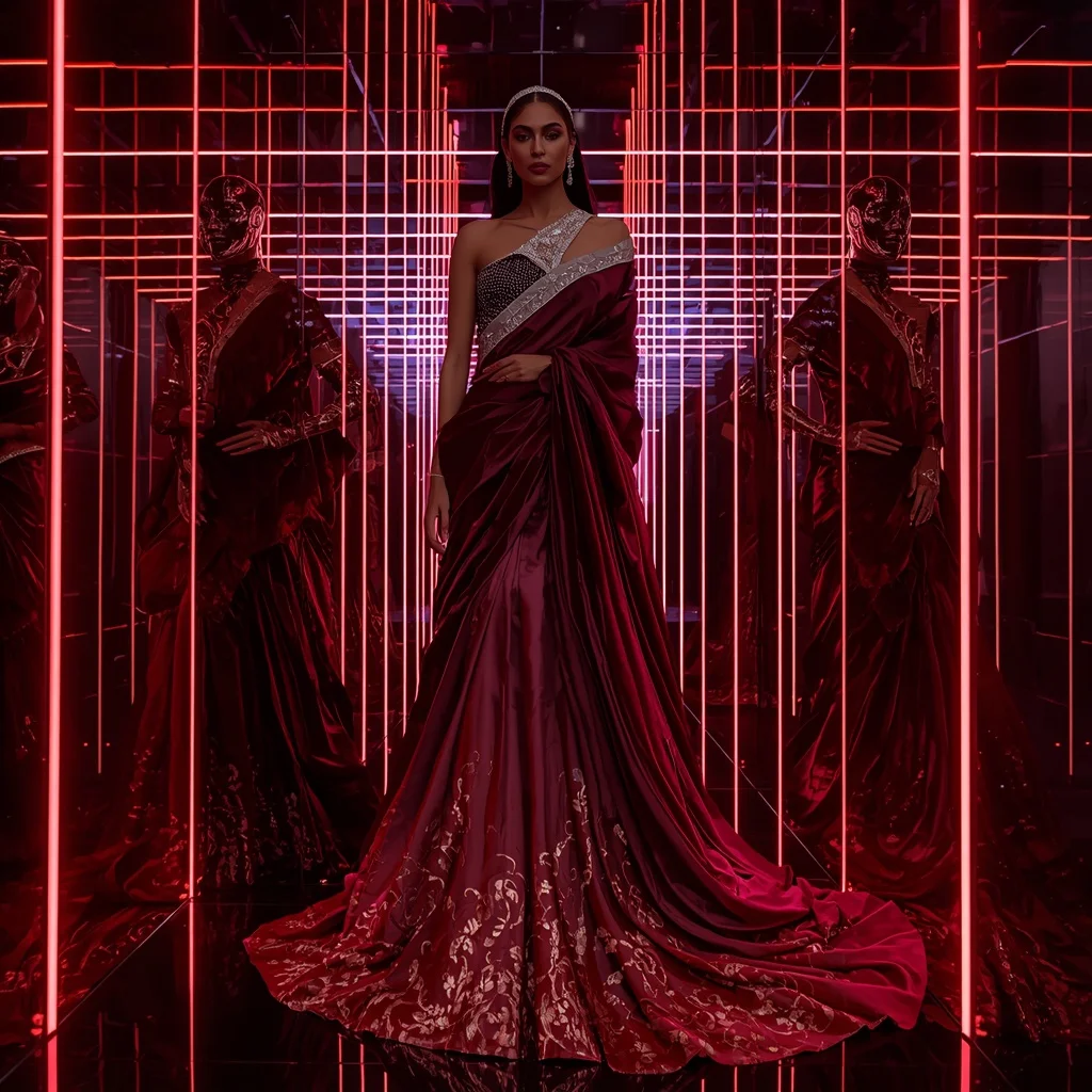 Crimson Eclipse Festival Saree with Infinity Laser Corridor | Saree Ai Prompt