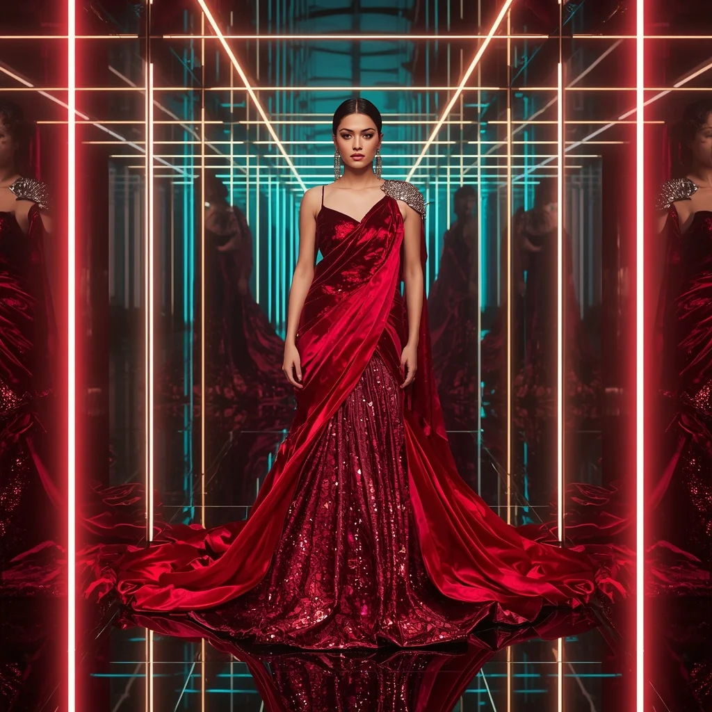 Crimson Mirage Couture Saree with Infinity Neon Vault | Desi Girl Ai Prompt