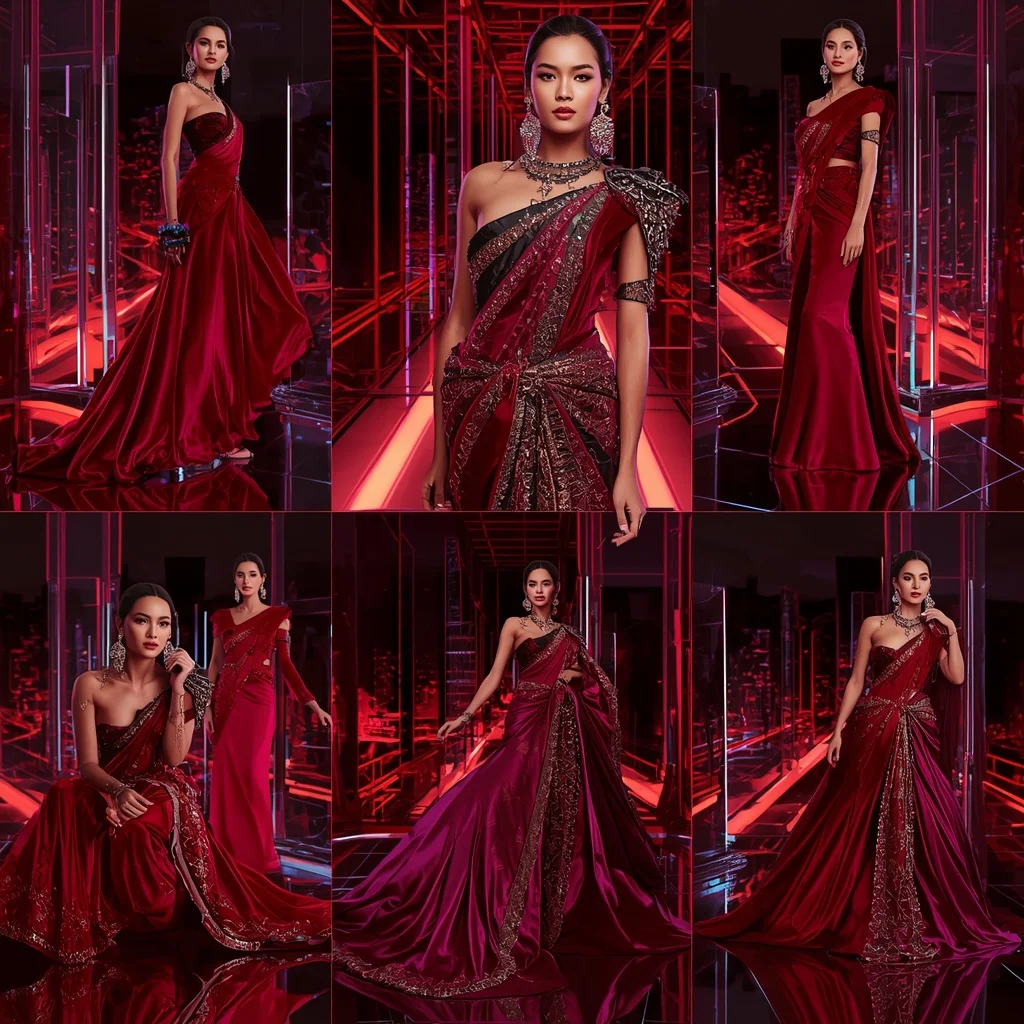 Crimson Mirage Couture Saree with Infinity Prism Skyline Sanctuary | Instagram Highlight Cover Ai Prompt