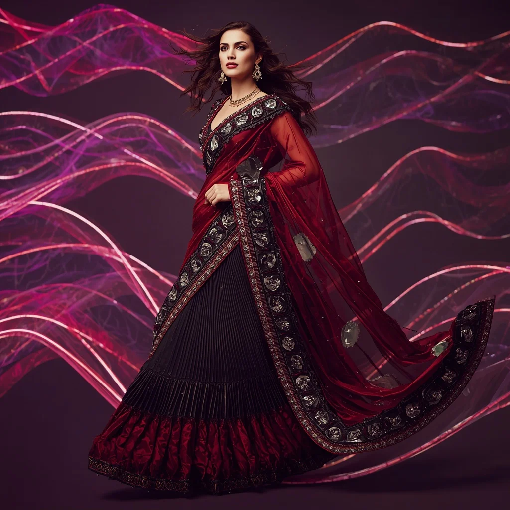 Crimson Nova Royale Saree with Floating Infinity Waves | Hd Image Prompt