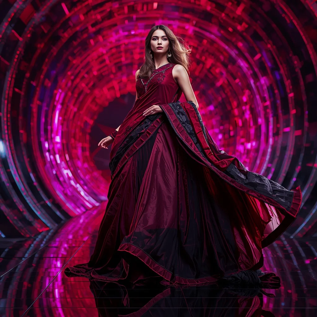 Crimson Titanium Nebula Saree with Dynamic Laser Helix Dome | Indian Girl Ai Prompt