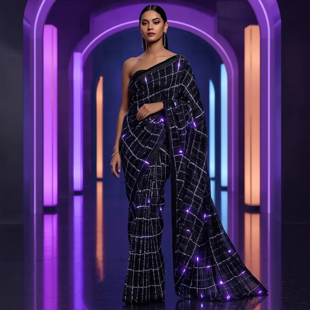 Crystal Matrix Saree with Interactive Light Pillars | Beautiful Saree Girl Ai Prompt Cinematic