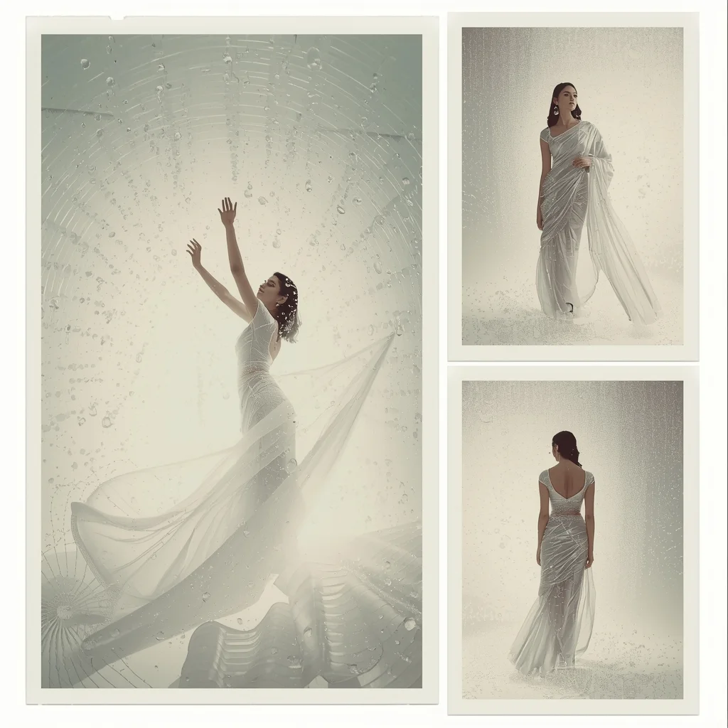Crystal Rain Light Curtain Polaroid Ethereal Heavenly Magic Fashion | Bridal Saree Ai Prompt