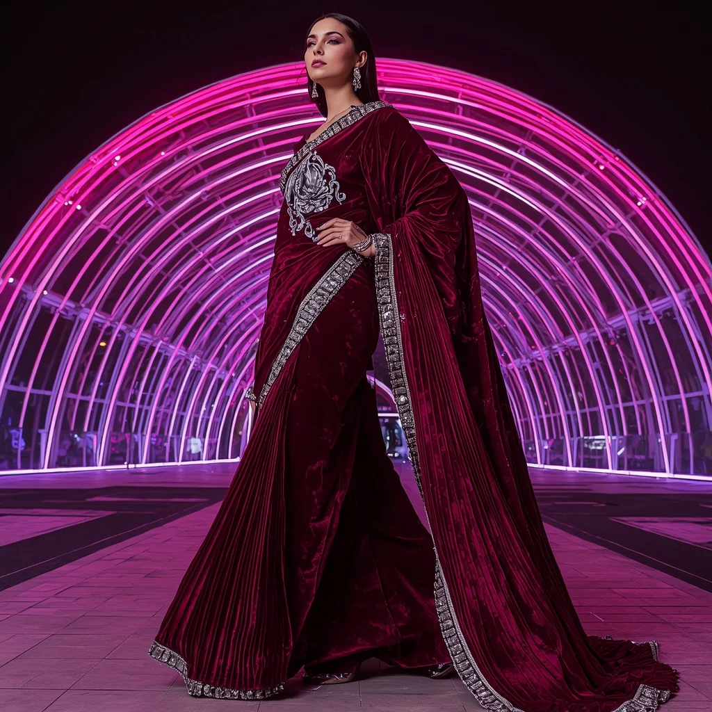 Crystal Velvet Mirage Saree with Neon Dome Architecture | Art Ai Prompt