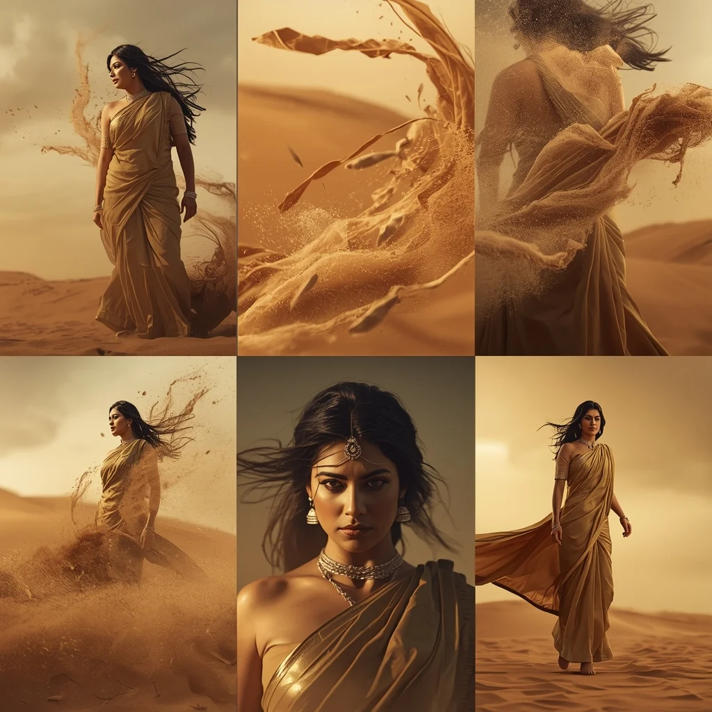 Desert Sand Storm Saree Cinematic Collage Epic Wind VFX Scene | Saree Prompt For Women
