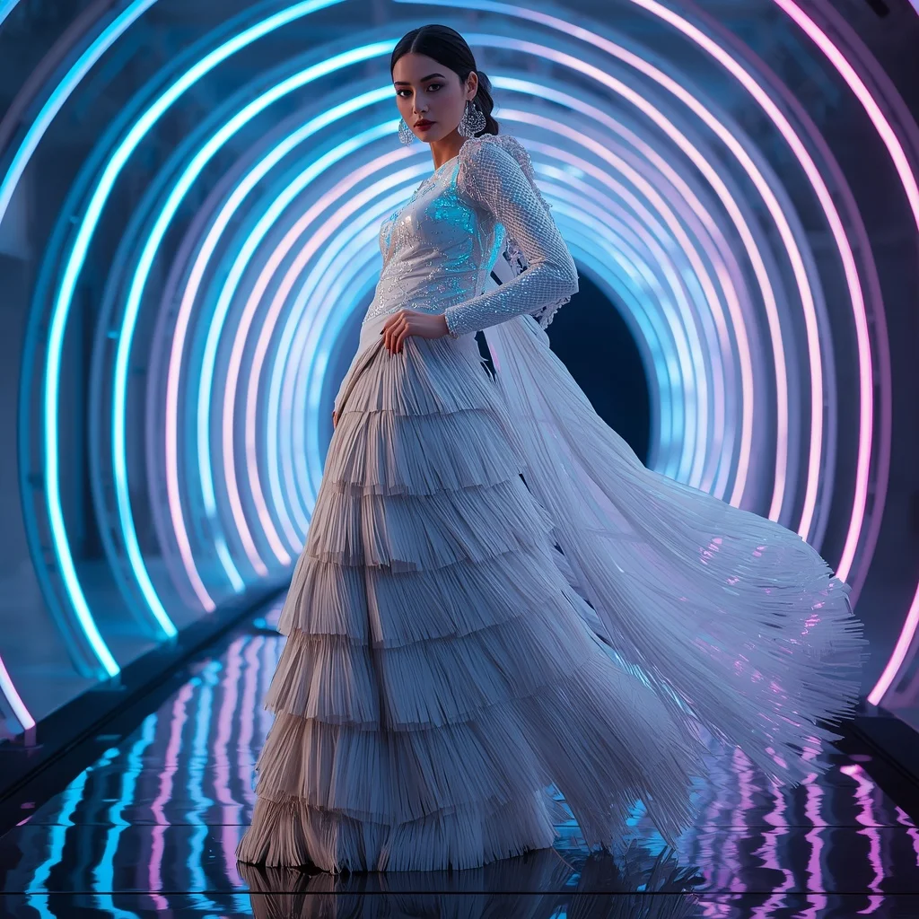Diamond Aurora Fantasy Saree with Curved Plasma Corridor | Photo Prompt