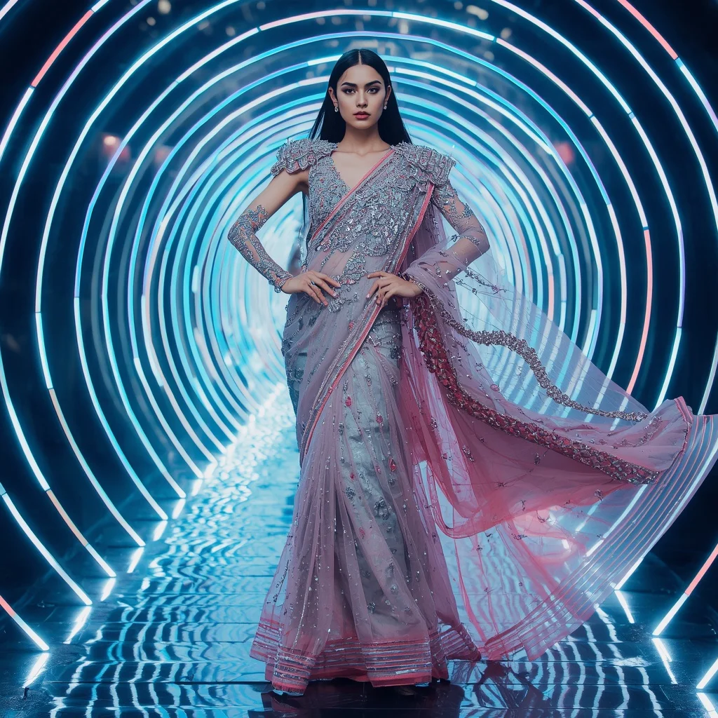 Diamond Aurora Fantasy Saree with Holographic Spiral Tunnel | Prompt Gemini Ai