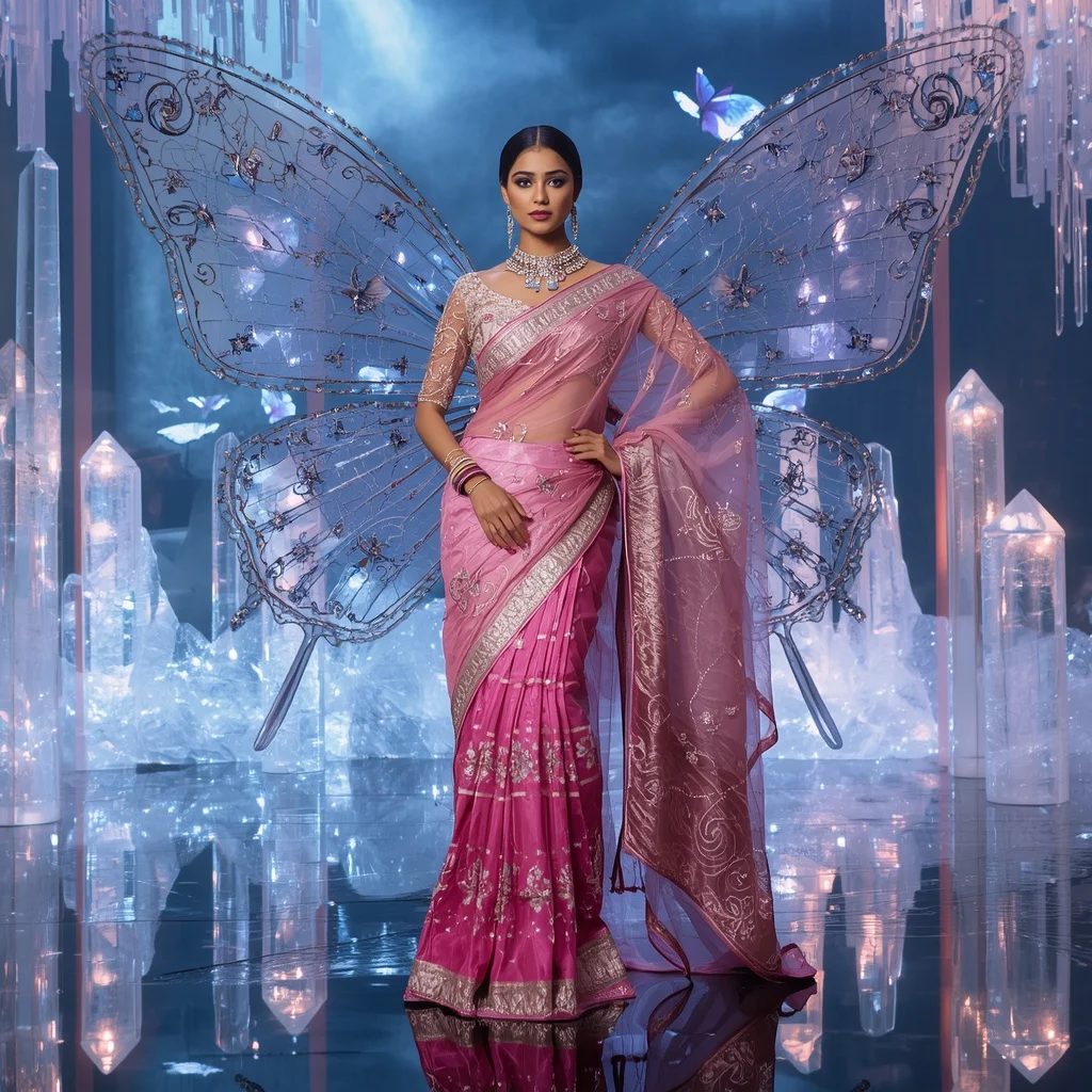 Diamond Butterfly Palace Saree with Floating Crystal Kingdom Background | Photo Prompt