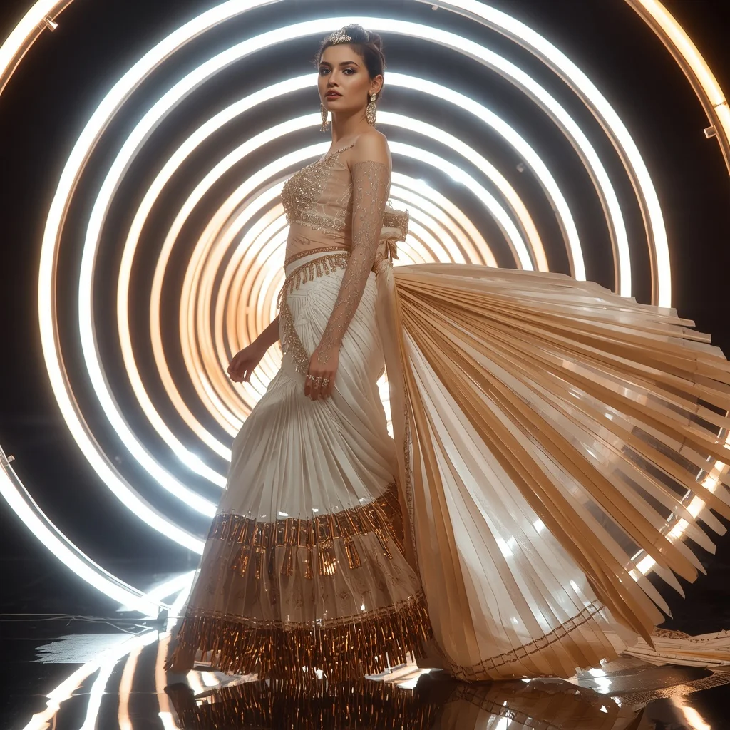 Diamond Flame Aurora Saree with Curved Neon Palace Rings | Sora Ai Prompt